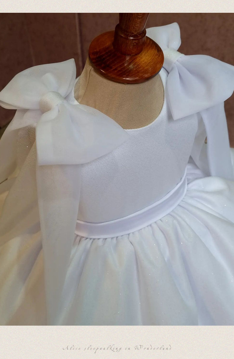 Vestido de cetim branco para menina com laço e tutu princesa_voghion.com