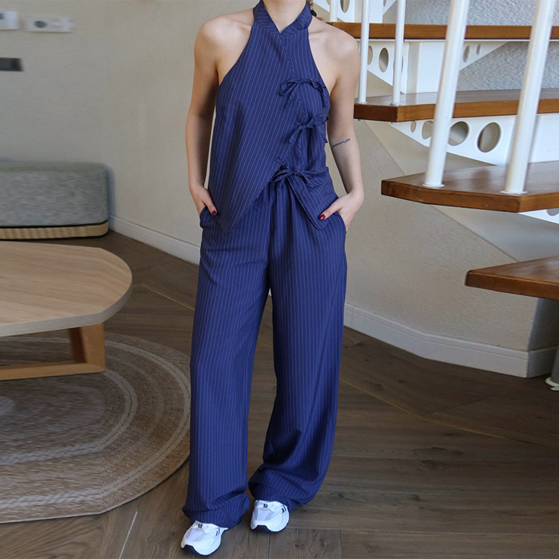 2026 Spring/Summer New Cross-Border Style Navy Blue Pinstripe Halter Neck Buttoned Top + Wide-Leg Pants Commuter Two-Piece Set 2026 Spring/Summer New Cross-Border Style Navy Blue Pinstripe Halter Neck Buttoned Top + Wide-Leg Pants Commuter Two-Piece Set