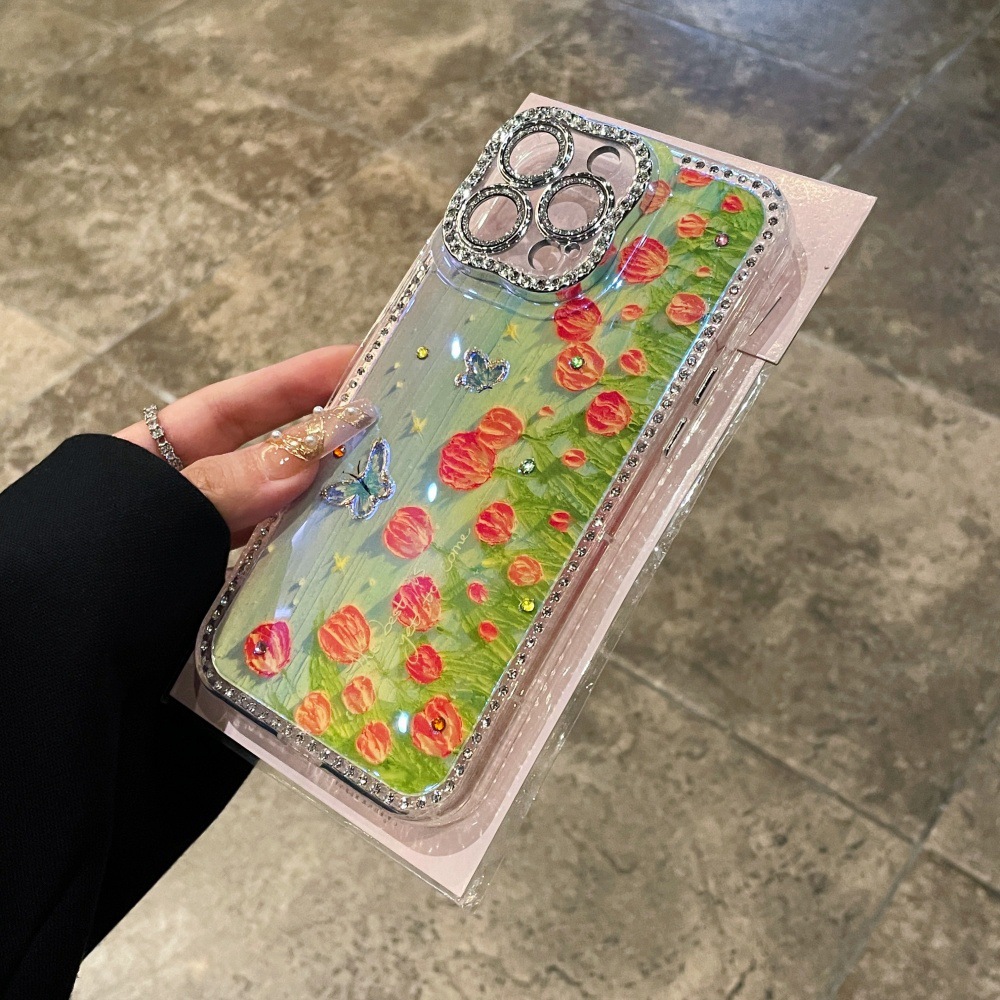 Pintura al óleo estilo ins, tulipanes, flores, mariposas, apple para Apple 15ProMax, flash Diamond iphone16, funda para teléfono móvil 14P