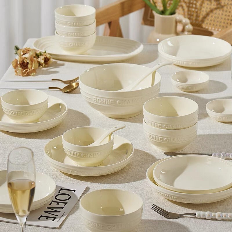 Underglaze Color Cream Ins Style Household Light Luxury High Beauty Value Bowl and Dish Soup Bowl Ceramic Tableware suit Bowl and Dish Combination Ceremony