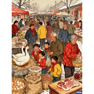 怀旧农村买年货新年贴画客厅餐厅卧室厨房门窗墙上儿时不干胶贴纸