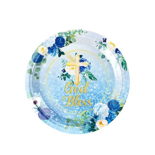 Baptism Party Supplies Blue Flower Welcoming Tableware Set Disposable Paper Plate Paper Towel Paper Cup Venue Layout Flag