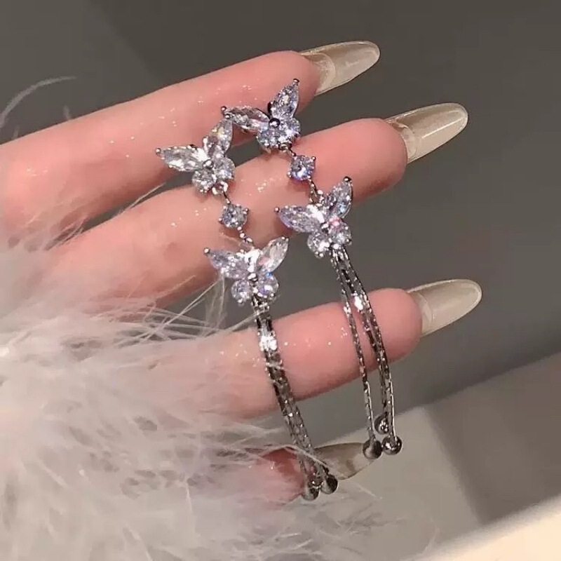 甘くて絶妙なダイヤモンドがちりばめられた蝶のロングチェーンタッセルイヤリング、ファッショナブルで見栄えの良いイヤリング、女性用の新しい多用途イヤリング|undefined