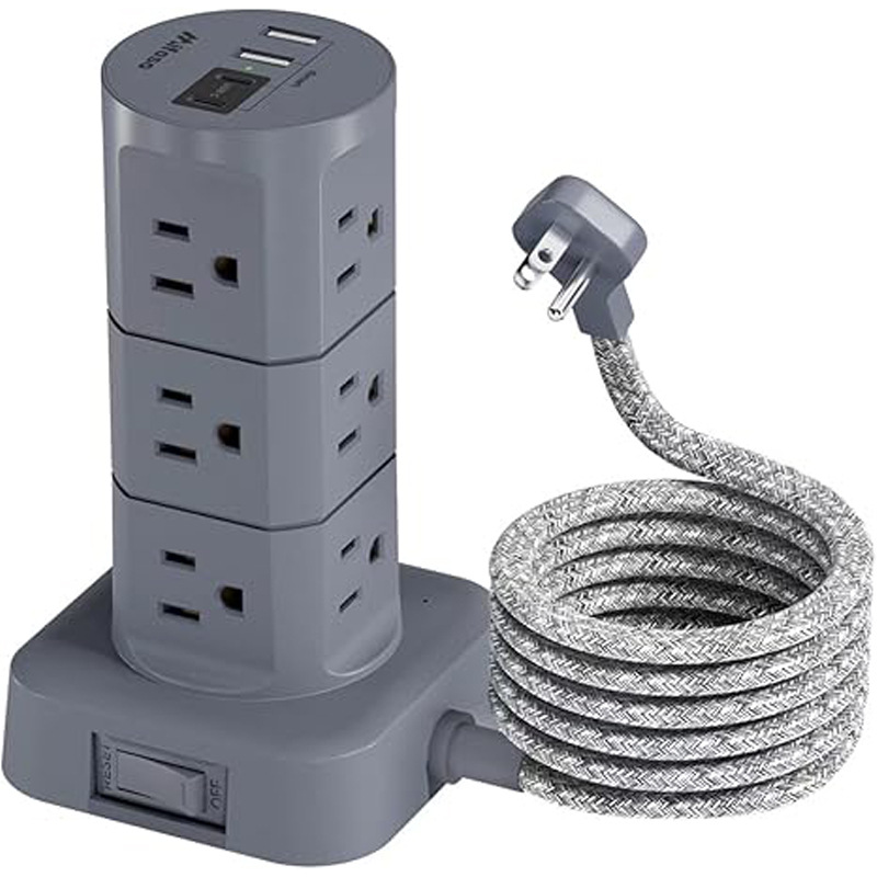 Enchufe plano de placa de alimentación con protección contra sobretensiones con 12 enchufes 4 puertos USB Cable de extensión de 1875W