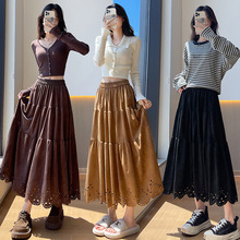 鹿皮绒镂空花边半身裙女2025秋新款松紧腰甜妹A字蓬蓬蛋糕中长裙