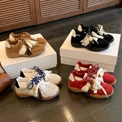 牛皮~葡萄ma同款增高6cm鸳鸯鞋带串珠拼色厚底德训鞋女休闲运动鞋