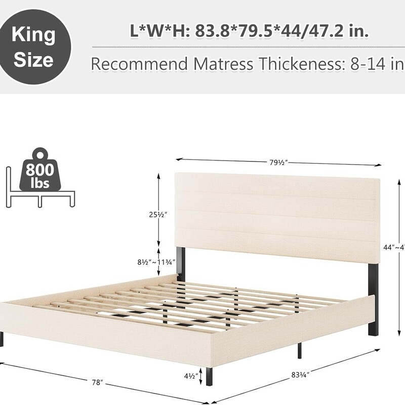 King Bed Frame, Modern Upholstered Bed Frame with Adjustable Linen Headboard Wooden Slat Support Platform