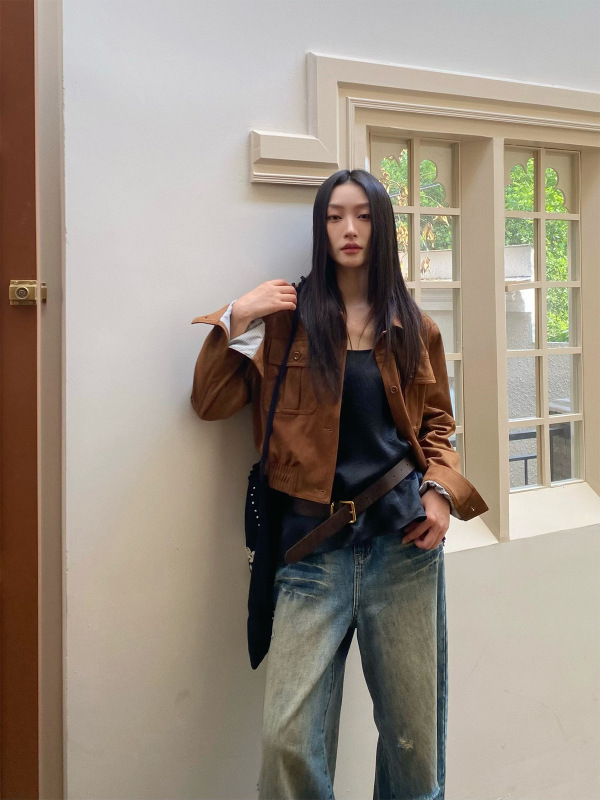 2025秋季翻领鹿皮绒工装夹克短款街头潮流单排扣长袖外套女56039|undefined