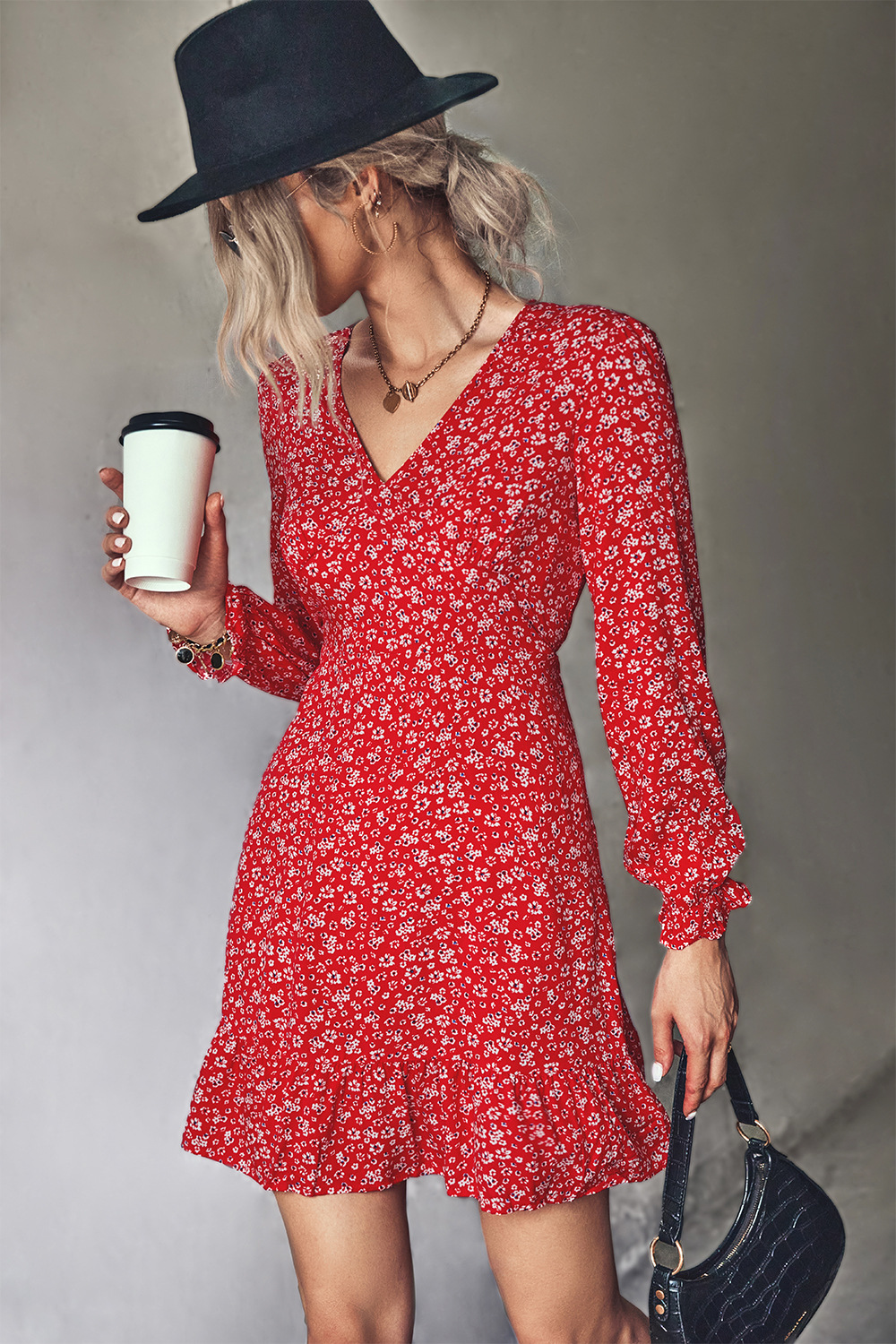 floral printed V-neck trumpet long-sleeved ruffle dress NSLNZ136801