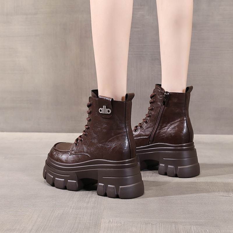 Boot nữ đế dày nâng chiều cao phong cách Anh cổ điển mùa thu đông — Lớp lót nhung đen