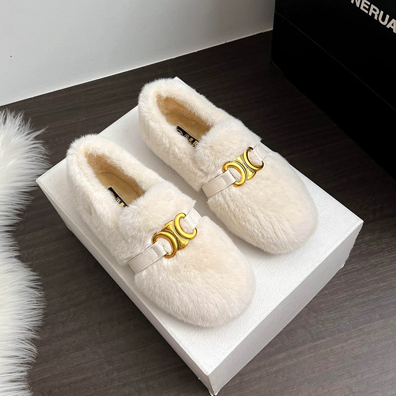 Женские меховые туфли без застежек, зимняя верхняя одежда, новинка 2025 года, женские туфли в стиле Chanel, зимние сапоги, теплые хлопковые туфли, лоферы.
