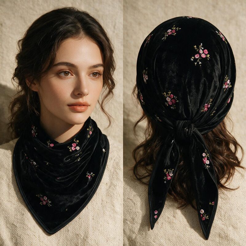 Best-selling vintage gold velvet embroidered floral headscarf, versatile square scarf for commuting, soft and foldable head accessory