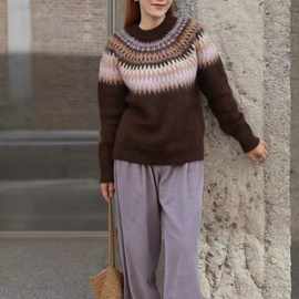 南油法式毛衣新款费尔岛提花圆领宽松休闲毛衣套头马海毛针织衫女