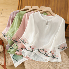 实拍2025夏季新款国风重工刺绣棉麻衬衫女欧根纱拼接宽松盘扣上衣