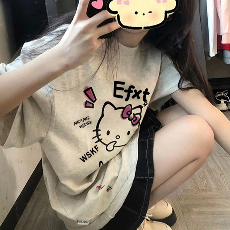 American Retro Kitty Cat Print Short-Sleeved T-Shirt for Women, Summer Loose Casual Design, Large Size Top for Junior High School Students American Retro Kitty Cat Print Short-Sleeved T-Shirt for Women, Summer Loose Casual Design, Large Size Top for Junior High School Students