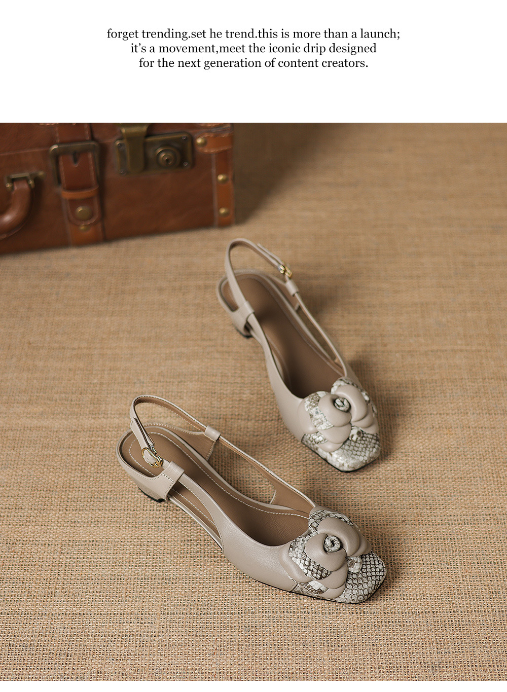 Sandal nữ da dê gót thấp 3,5 cm mũi kín hở gót quai ngang hoa ghép màu — đen chi tiết 21