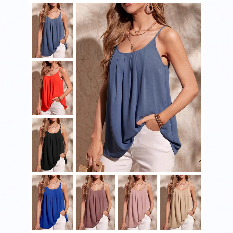 2026 Cross-Border European and American Amazon Pleated Adjustable Strap Dress Loose Casual Solid Color Sleeveless Tank Top 2026 Cross-Border European and American Amazon Pleated Adjustable Strap Dress Loose Casual Solid Color Sleeveless Tank Top