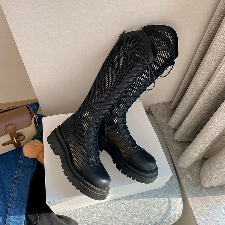 Boot lưới da thật cổ cao đế dày thoáng khí mùa xuân hè phong cách kỵ sĩ buộc dây — Màu nâu ống lớn, Màu đen cổ ống lớn, Ống nhỏ màu đen, Ống nhỏ màu be chi tiết 96