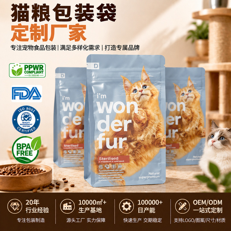 Custom cat food packaging bags, BSCI certified, designed for Amazon cross-border sales, featuring a sealed eight-sided design and a zipper closure