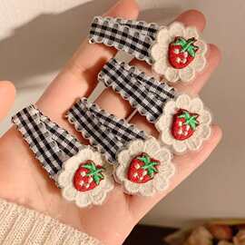 韩系黑色可爱格子草莓布艺发夹简约百搭侧边刘海BB夹子发卡头饰品