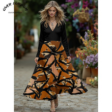 亚马逊2025跨境新款女装长袖连衣裙蝴蝶碎花气质优雅3D数码印花