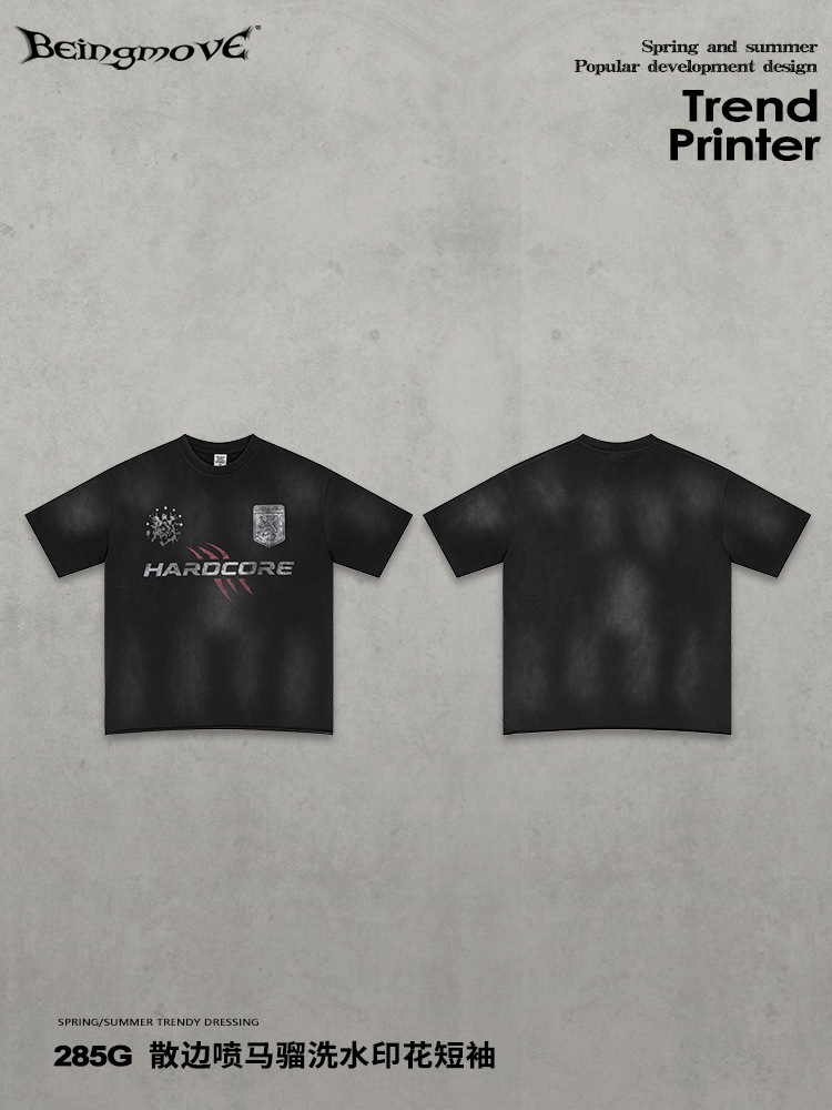 Calle secada| Retro americano nostálgico pesado lavado con agua viejo camiseta de hombre de bordes sueltos pulverización de caballo impresión de mangas cortas para hombres