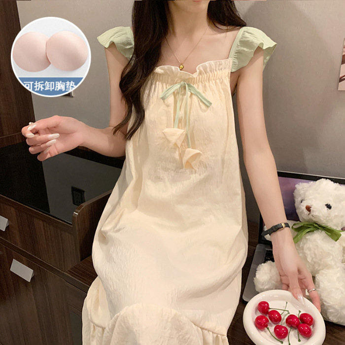 2024 con cojín de pecho ropa para el hogar nubes de verano algodón princesa pijama de viento delgado dulce y sexy vestido de pijama de la niña