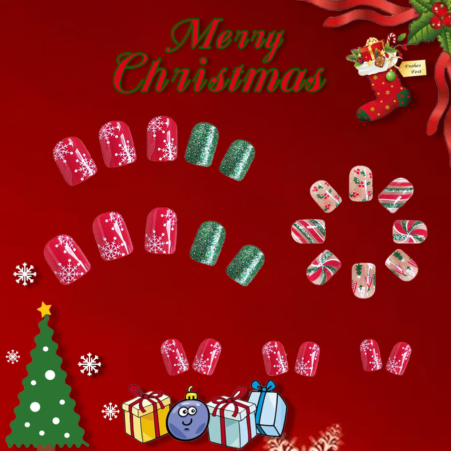 Armatura quadrata glitterata corta 2024 Nuovo albero di Natale con fiocco di neve a strisce rosse con polvere glitterata verde 24 pezzi_voghion.com