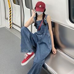 ネットセレブソルトスタイル小柄デニムオーバーオールレディース夏レトロ香港風ゆったり痩身ストレートワイドレッグロングパンツ