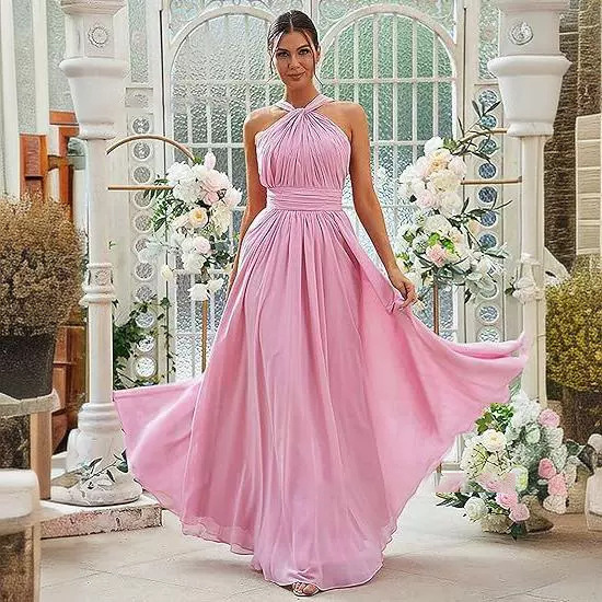2026 New Cross-Border Style Banquet Evening Dress Summer Bridesmaid Dress Pleated Slim Sleeveless Solid Color Elegant Dress for Women