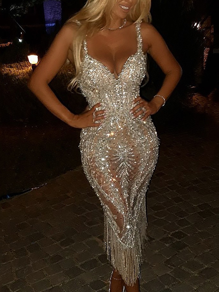 Elegant Sexy Deep V-Neck Long Sleeve Bodycon Maxi Dress