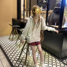 格纹拼接欧美风撞色英文印花连帽开衫卫衣男女高街加绒跑步外套潮