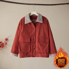 实拍秋冬新品冬款羊羔毛翻领加绒外套女宽松休闲百搭保暖外套棉衣