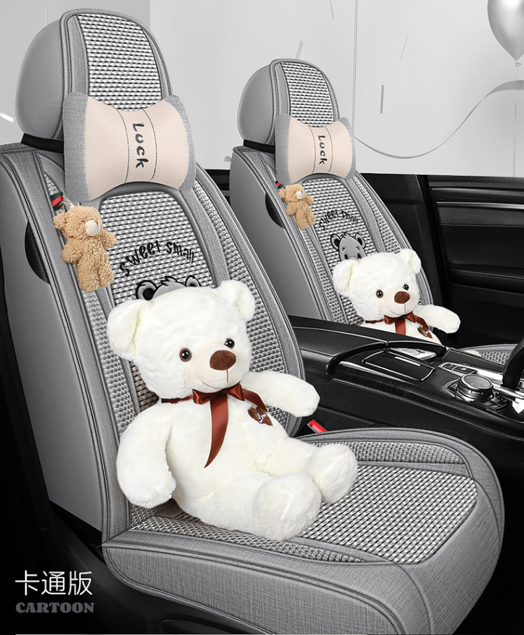 New All-Season Universal Car Seat Cushion, Full-Coverage Seat Cover, Cartoon Cute Linen, High-Grade Goddess Breathable Cotton
