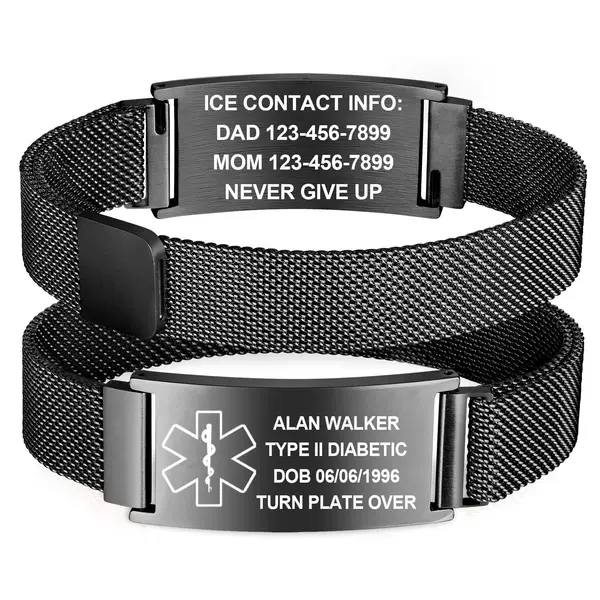 Stainless Steel Curved Bracelet Laser Engraving Magnetic Buckle Medical Symbol Alarm Bracelet Black Curved Bracelet Magnetic Bracelet