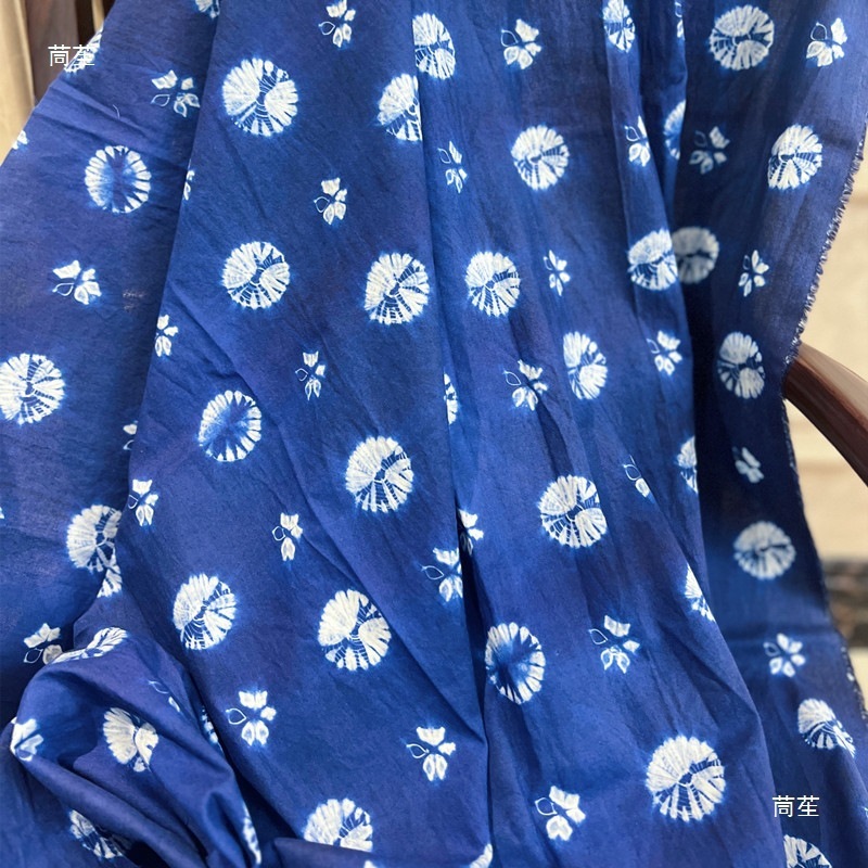 民族风数码直喷印花仿扎染布料传统手工旗袍桌布茶席服装|undefined