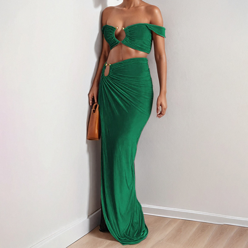 New Sexy Girl Strapless Bustier Solid Color Split Hem Skirt Fashion Set Women's Two-Piece Outfit_ecoleips.com