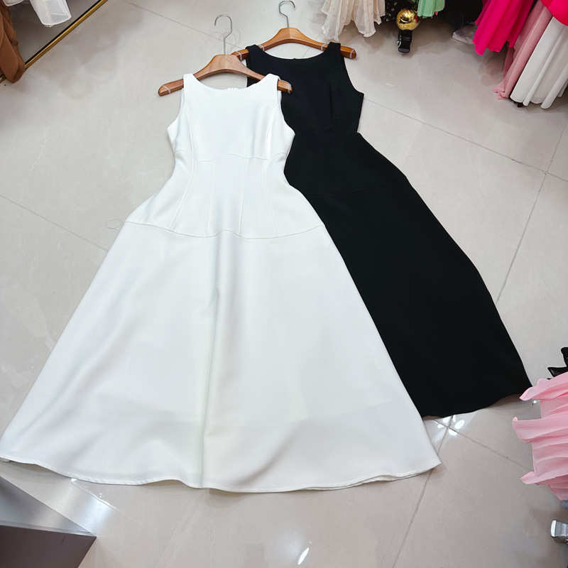 Thirteen Lines Australian French Niche High-Waisted Umbrella Sleeveless Mid-Length Dress Pure Color Small Dress A2 # 8398