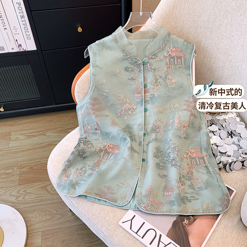 Spring 2024 New Arrival Heavy-Duty Whole Embroidered Organza Vest Double-Layer Chinese-Style Jacket for Women