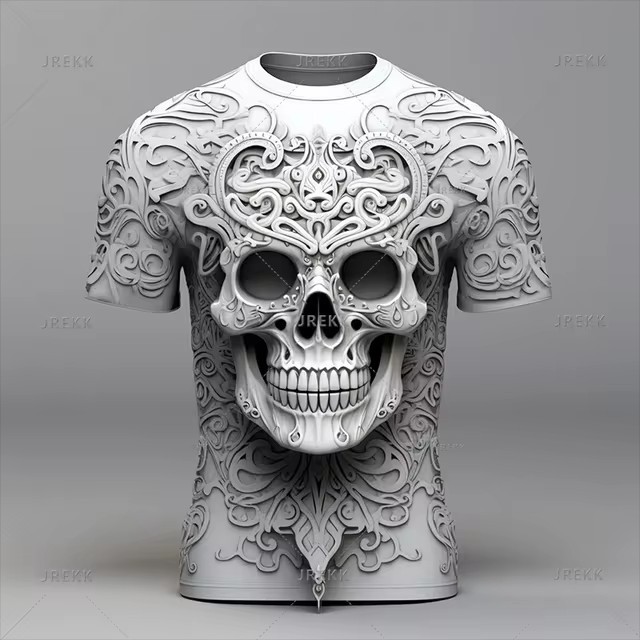 Verano calle todo-fósforo suelto cuello redondo manga corta transpirable camiseta de hombre thriller esqueleto relieve impresión digital 3D