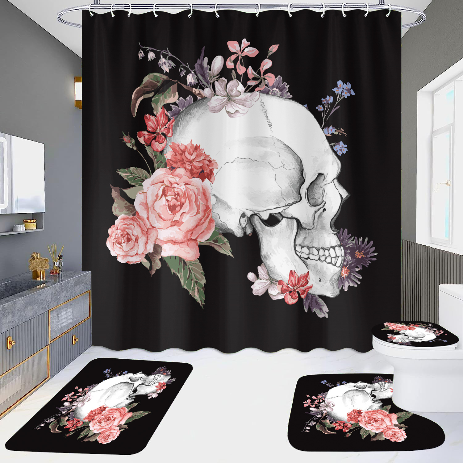 Cortina de ducha de suministro directo transfronterizo conjunto de cuatro piezas hd impermeable sin perforaciones baño hotel baño partición cortina wansheng cráneo