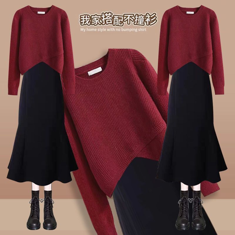 A Complete Set of Winter Plus Size Outfits 2025 Fashionable New Versatile Knitted Sweater Dress Two-Piece Set
