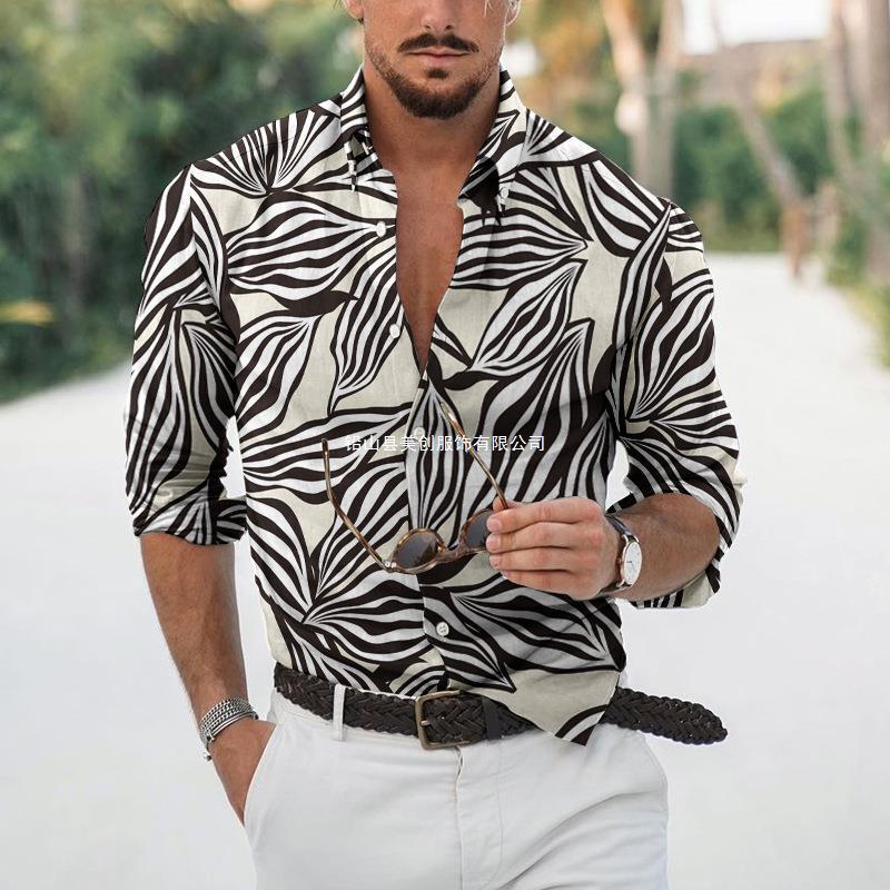 [Hot Sale] Foreign Trade Shirt Men's Long Sleeve Autumn Easiest for Match Fashion Trendy Style Classic Striped Flower Turtle Print