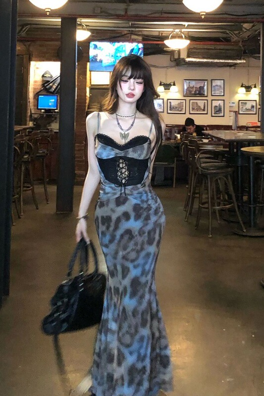 Nanli Xiang Dawn Venus High-End French Royal Sister Style Leopard Print Lace Dress Women's Spring and Summer Hip-Hugging Long Skirt