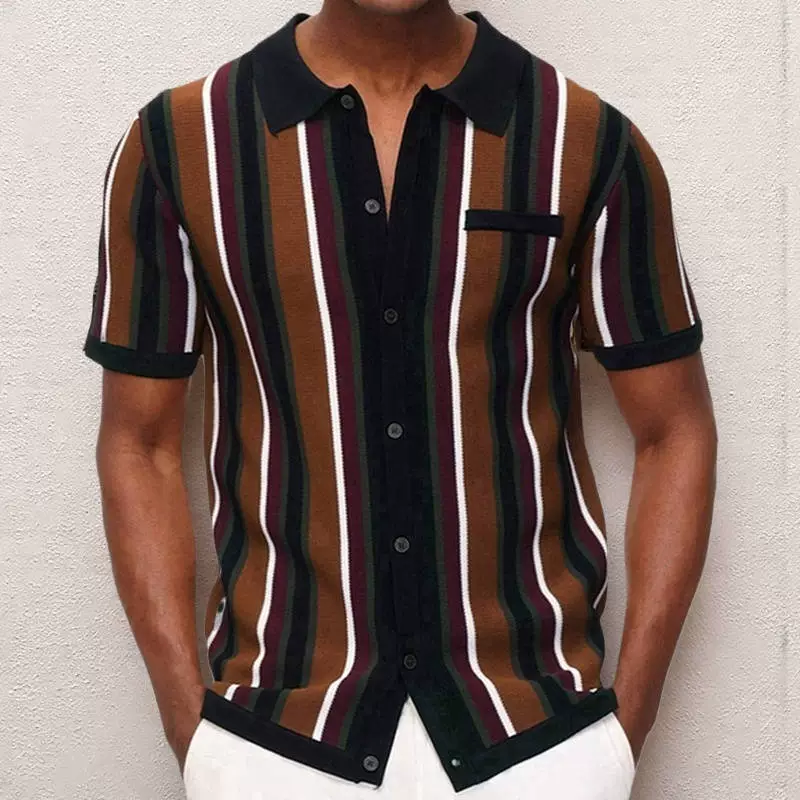 Amazon Новый мужской летний кардиган вязаная футболка с коротким рукавом в полоску с лацканами Повседневная рубашка поло для мужчин SY0110