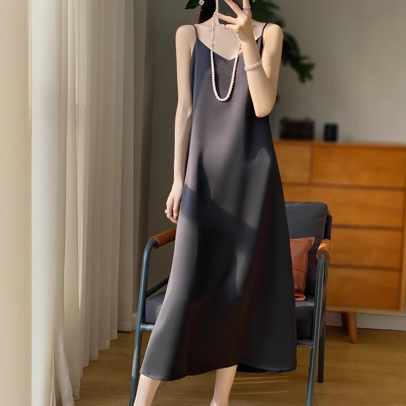 Heavy Acetic Acid Sexy One-Shoulder Strap Long Dress Solid Color Silk Sliding Dape New dress Suit Inner Long Dress