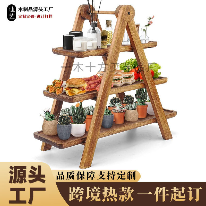Cross-border wooden three-tier serving tray, cupcake stand, hot pot dish tray, wooden tray storage rack
