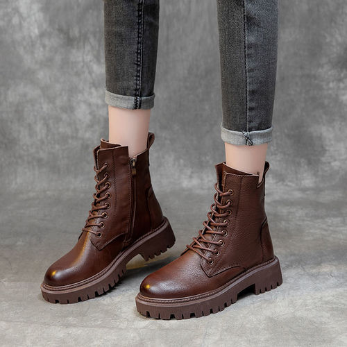 Women's Martin Boots  Autumn/Winter New Chunky Heel Medium Heel Short Boots Side Zip British Style Plush Motorbike Boots