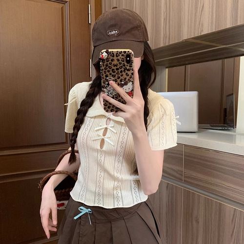 Summer New Women's Fashion French-Style Doll-Collar Knitted Short-Sleeved T-Shirt, Short Style, with Bowknot and Hollowed-Out Design, Sweet Top for Instagram