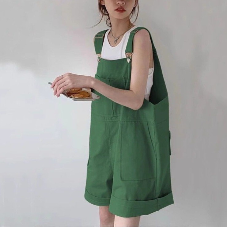 Strap Cotton khaki Work Strap Women's Summer Loose Straight High Waist Casual Wide-leg Shorts Trendy